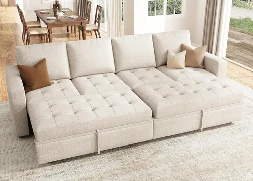 Miniatura 20 de HONBAY Sofá cama modular modular con cama extraíble, sofá en forma de L con asiento de almacenamiento, sofás seccionales para sala de estar, beige