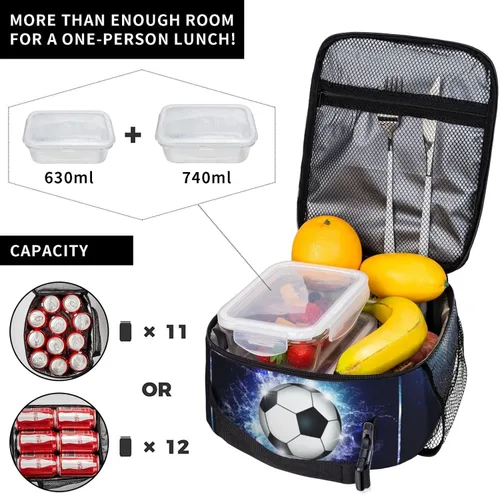 Miniatura 4 de Lonchera Deportiva con Estampado de Fútbol, Bolsa de Almuerzo Aislada Azul para Niños, Adolescentes, Niños y Niñas, Bolsa de Almuerzo Reutilizable