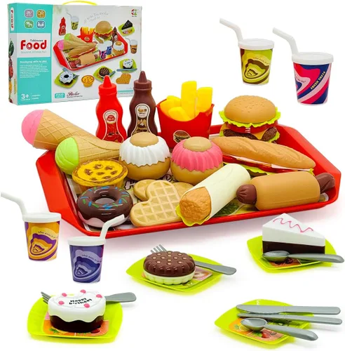 33 piezas de juego de simulación de cocina, juego de alimentos de juguete de postre, juego de hamburguesas, perritos calientes, papas fritas,