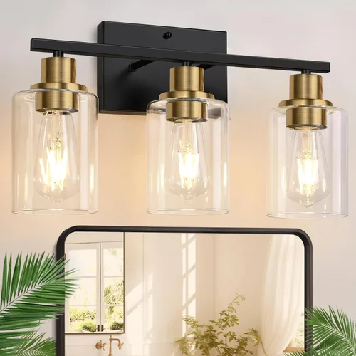 Miniatura 18 de Indoi Lámparas de baño de 4 luces, luces de tocador de níquel cepillado con pantallas de vidrio transparente, moderna lámpara de pared de baño