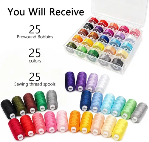 Miniatura 5 de Kit de hilo de coser de 50 piezas, 25 colores, 400 yardas/carrete con bobinas preenrolladas a juego, hilo de poliéster para máquinas de coser