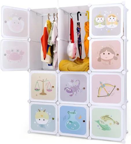 Miniatura 14 de INFANS Armario para niños, armario portátil para bebé, lindo para dormitorio de niños, armario de guardería con puertas, 12 cubos, 2 secciones