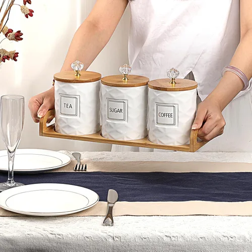 Miniatura 4 de JUXYES Juego de 3 Botes de Cerámica para Azúcar, Café, Té con Bandeja con Asa, Lujosos Juegos de Contenedores de Almacenamiento con Tapas, Frascos