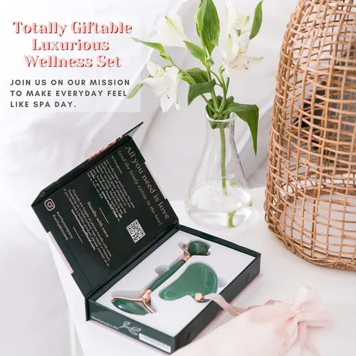 Miniatura 6 de WITTY Juego de rodillo facial de jade y Gua Sha en caja de regalo dibujada a mano, piedra Gua Sha, rodillo masajeador facial, herramientas de Verde