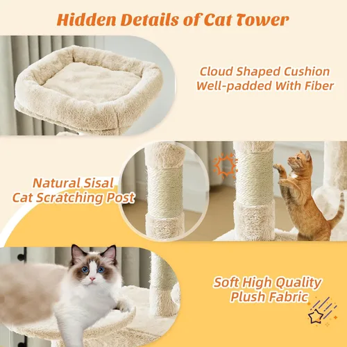 Miniatura 4 de DUMOS Torre pequeña de árbol para gatos de 44 pulgadas, torre de escalada para gatos con postes rascadores de sisal natural, hamaca, condominio