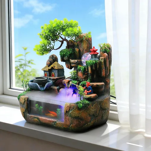 Miniatura 13 de 11.81 pulgadas Fuente de rocalla de mesa para interiores, cascada de bonsái, mini fuente de agua de rocalla con bomba automática y luz LED