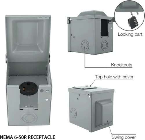 Miniatura 3 de Miady Caja de toma de corriente de 50 amperios 6-50R de 250 voltios, cerrada con cerradura y resistente a la intemperie, panel de receptáculo