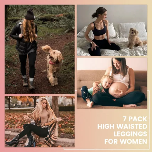Miniatura 2 de iceROSE Paquete de 7 leggings para mujer, leggings de cintura alta con forro polar suave, pantalones de yoga negros para entrenamiento, correr