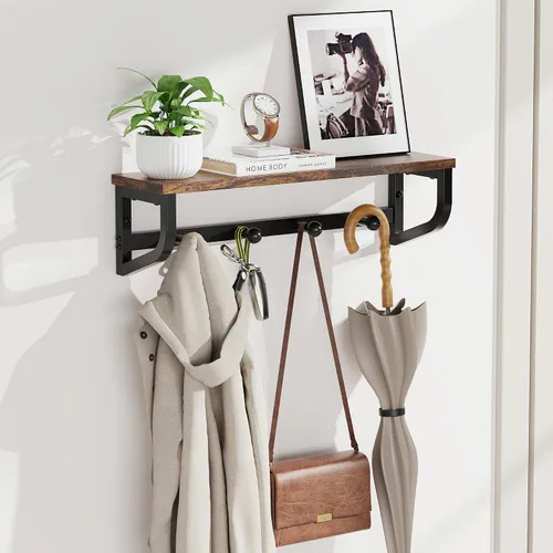 Miniatura 9 de Perchero de pared, estante de pared de madera con ganchos, colgador de pared con 4 ganchos de metal, organizador de perchero montado en la pared