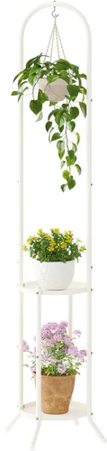 Miniatura 8 de Soporte de metal para plantas de 2 niveles con gancho para colgar para plantas de interior y exterior, estante de exhibición de acero resistente