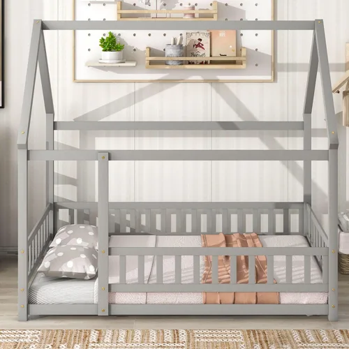 Miniatura 3 de LLS Cama de piso completo para niños, marco de cama de madera con techo y barandillas de valla seguras, cama Montessori para niñas y niños, gris
