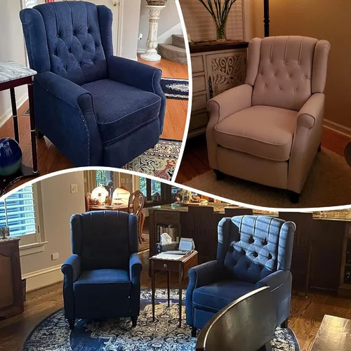 Miniatura 6 de Bonzy Home Sillón reclinable orejero de empuje hacia atrás, sillón tapizado de respaldo alto con patas de madera maciza, decoración con remaches