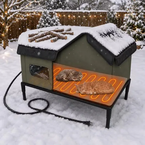 Miniatura 8 de Casa climatizada para gatos para exteriores, refugio de invierno aislado a la intemperie con base elevada y ventana transparente, puerta de escape