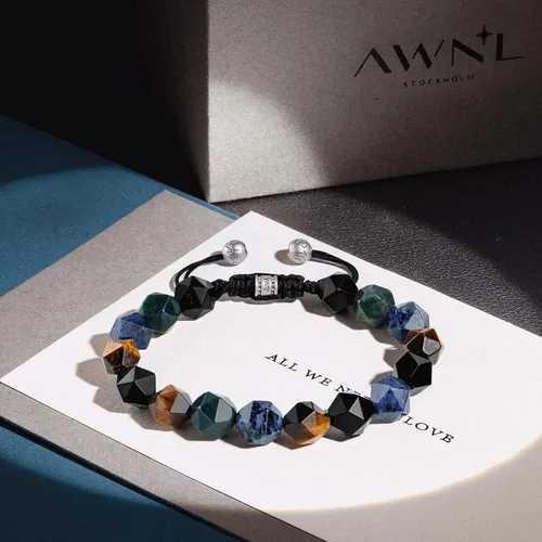 Miniatura 2 de AWNL Pulsera de cuentas multicolores para hombre, piedras naturales, ojo de tigre, ónix, amatista, plata, obsidiana (0.394 pulgadas), trenzada