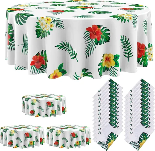 Miniatura 7 de Oudain 6 manteles hawaianos redondos de verano de 84 pulgadas, manteles de plástico Lagre Tropical Luau con hojas de palma y flor de hibisco