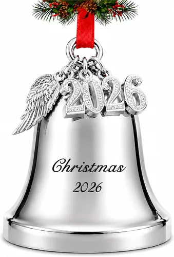 Miniatura 10 de JUPPE It's A Wonderful Life Adorno de campana de Navidad, adorno de campana dorada grabada con ala de ángel y dije 2025 (dorado)