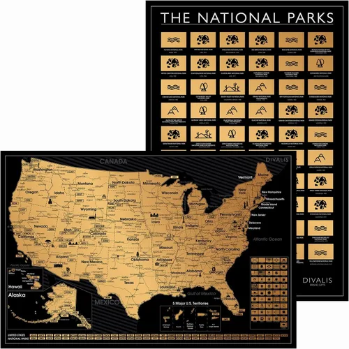 Juego de regalo 2 en 1, mapa de Estados Unidos para raspar y póster de 63 parques nacionales, póster de Estados Unidos de América fácil de enmarcar