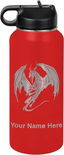 Miniatura 32 de LaserGram Botella de agua con tapa abatible de doble pared de 12 onzas con pajilla, dragón, grabado personalizado incluido (negro)
