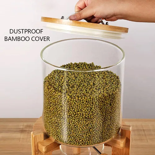 Miniatura 7 de Recipiente de harina y cereales, dispensador de arroz de 5 L, recipiente de almacenamiento de alimentos de vidrio con tapa hermética y soporte