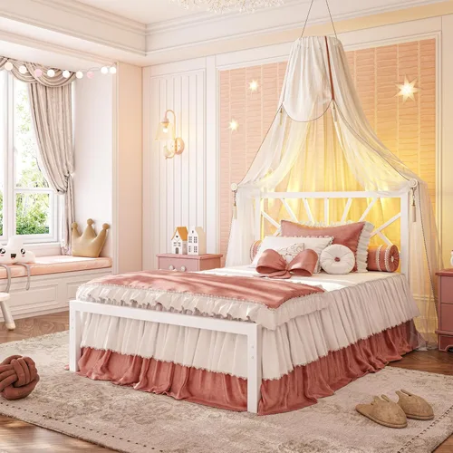 Miniatura 19 de Homkdom Marco de cama de plataforma de metal tamaño Queen de 14 pulgadas con cabecero, marco de cama victoriano Queen con almacenamiento debajo
