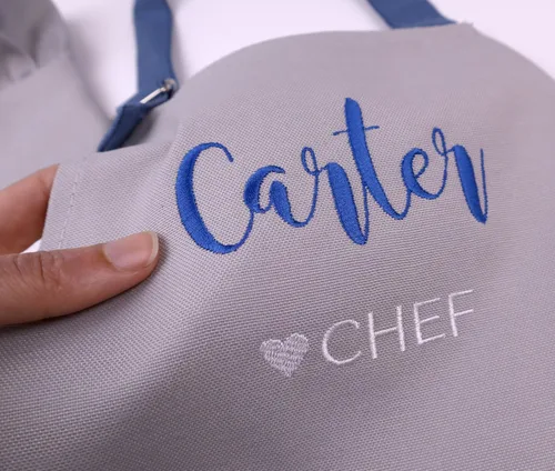 Miniatura 2 de Delantal para niños - Delantal de cocina personalizado bordado con nombre, ajustable, de algodón, con bolsillos, para cocinar 07 Gris + Azul marino