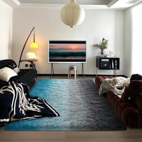 Miniatura 9 de DweIke Alfombras esponjosas de lujo para niños para sala de estar, dormitorio, 4 x 6 pies, alfombra de área negra y azul para niñas y niños, Azul