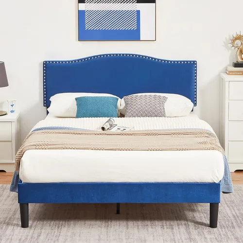 VECELO Base de cama tamaño Queen, base de cama de plataforma con cabecera tapizada de altura ajustable, marcos resistentes y fuerte soporte de