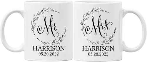 Juego de tazas personalizadas de Mr & Mrs – Nombres personalizados, bodas, San Valentín, compromiso, regalos de despedida de soltera, tazas para