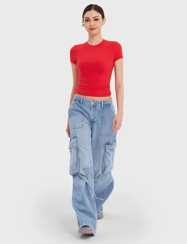 Miniatura 5 de PUMIEY Camiseta básica de manga corta con cuello redondo para mujer, con doble forro, ajustada, colección Smoke Cloud Pro
