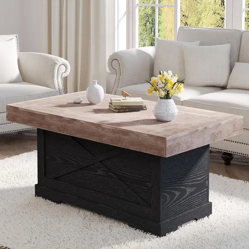 Miniatura 11 de Mesa de café Lareth 39 pulg. Mesa de centro rústica con pedestal de madera en X para sala de estar, ahorro de espacio, mesa de té de diseño