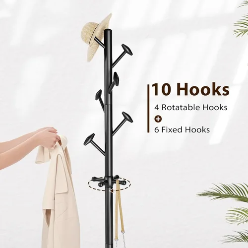 Miniatura 6 de Taitiy Perchero de madera maciza independiente con 10 ganchos para dormitorio, sala de estar, entrada, soporte resistente para sombreros, abrigos