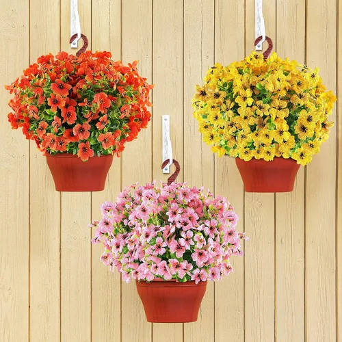 Miniatura 6 de GREENRAIN 6 paquetes de flores artificiales resistentes a los rayos UV, plantas falsas para exteriores, flores de plástico sintético para jardín
