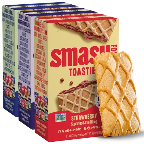 Smash Foods Toasties - Paquete de 3 tostadoras de trigo integral saludables, fresa, arándano, uva, sin azúcar refinada, relleno de fruta real, 9