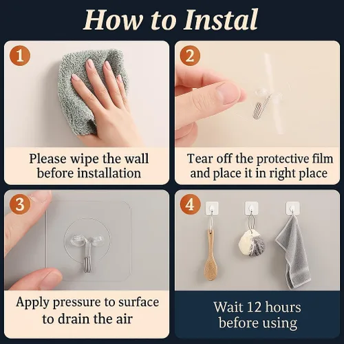 Miniatura 2 de Ganchos de pared adhesivos resistentes, acero inoxidable transparente, paquete de 12 – carga máxima de 24 libras, ganchos reutilizables impermeables