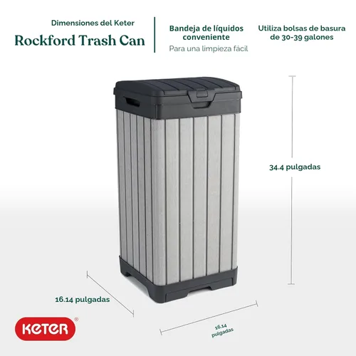 Miniatura 2 de Keter Rockford - Bote de basura de resina de 38 galones para cocina al aire libre con tapa y bandeja de goteo para una fácil limpieza, perfecto