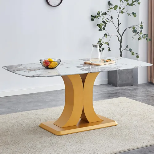 Miniatura 3 de A Modern Minimalist Dining Table. Imitation Marbled Glass Tabletop. Gold Table Legs for Kitchen and Living Room