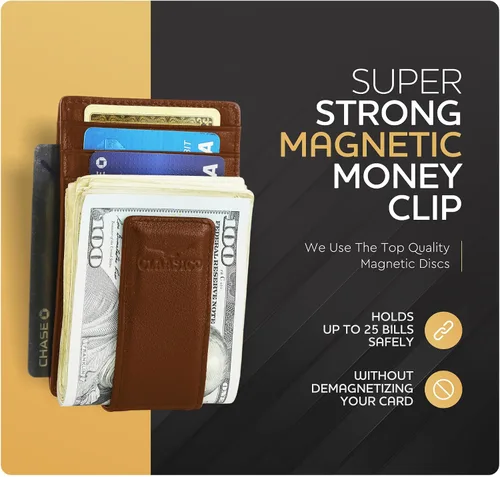 Miniatura 29 de Billetera de cuero con clip para dinero, bolsillo frontal delgado, bloqueo RFID con imán súper fuerte