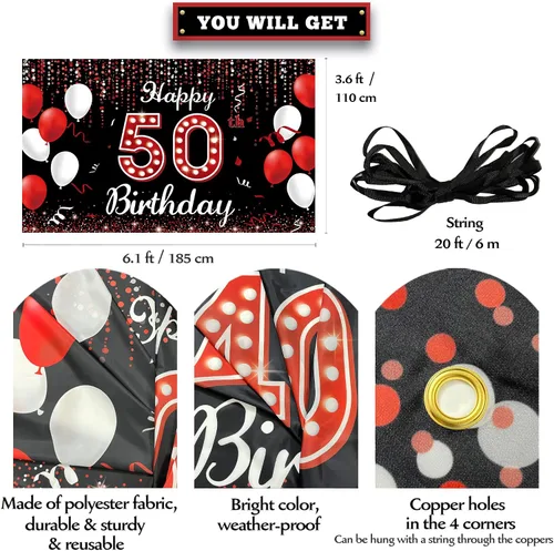 Miniatura 2 de Cartel de fondo de decoración de cumpleaños número 50, decoraciones de feliz cumpleaños 50 para mujeres, rojo, negro y blanco, cartel de fiesta
