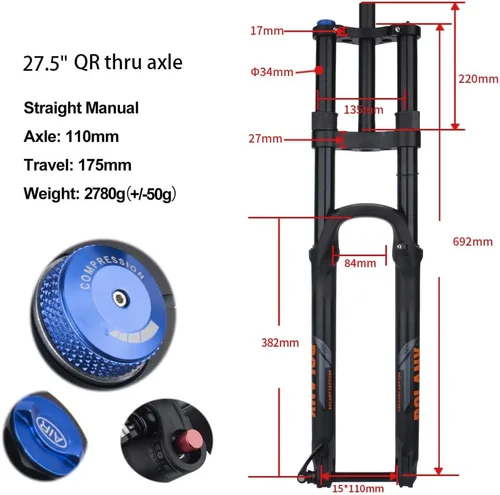 Miniatura 2 de BOLANY 27.5/29 pulgadas Horquilla de suspensión de bicicleta 1.339 in Puntos de 1-1/8 pulgadas Dirección recta/cónico Doble hombro a través del eje