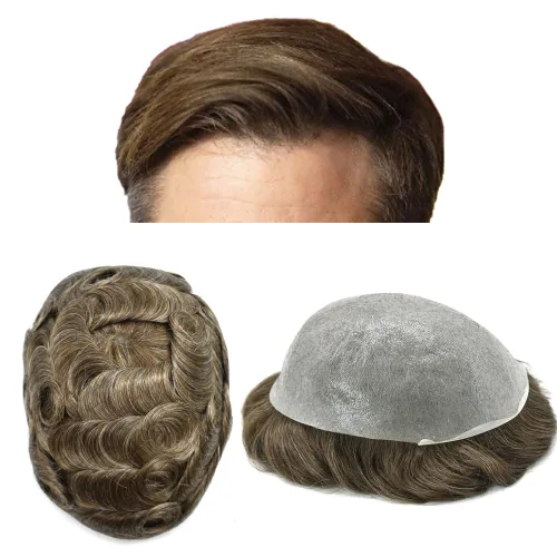 Miniatura 30 de Pieza de pelo para hombre Toupee pelo humano real tupé para hombres piezas de pelo sistema de reemplazo para hombres piel ultra fina 0.002 in 17#