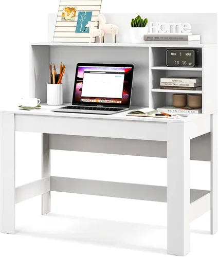 Tangkula Escritorio blanco con gabinete, escritorio de oficina en casa con estantería, escritorio de estudio de escritura con dispositivo anti-caída