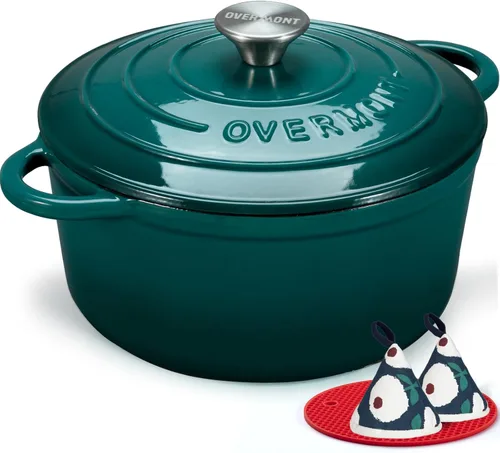 Miniatura 18 de Overmont Horno holandés de hierro fundido esmaltado, olla de 5.5 cuartos de galón con tapa de asas anchas, libro de cocina y agarraderas de algodón