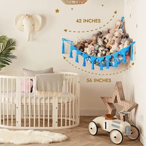Miniatura 5 de TIDYTEDS Macramé DreamLights Hamaca de Red de Almacenamiento de Animales de Peluche Boho Extra Grande Soporte de Almacenamiento de Juguetes de Azul