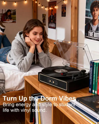 Miniatura 14 de Tocadiscos retro Bluetooth con altavoces integrados, tocadiscos de 3 velocidades por correa, control de graves y agudos, reproductor de vinilo Negro