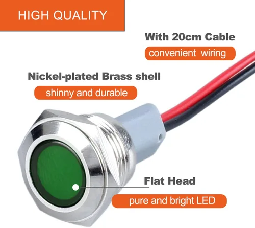 Miniatura 3 de 2 piezas de 16 mm (5/8") luz indicadora LED, 12-24V AC/DC 20mA, lámpara piloto de metal impermeable IP67 de ahorro de energía, lámpara plana de Verde