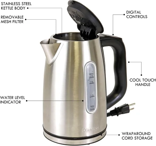 Miniatura 6 de Kenmore - Hervidor digital inalámbrico de 1.7 L/1.8 cuartos de galón, hervidor eléctrico de acero inoxidable con control de temperatura digital