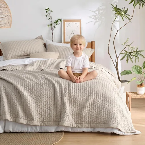 Miniatura 4 de Bedsure Colchas para niños tamaño individual – Juego de ropa de cama individual, edredón de edredón ligero a rayas neutrales, juego de 2 piezas