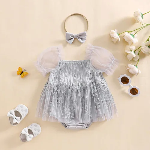 Miniatura 44 de Sasaerucure Traje de verano para bebé niña, sin mangas, mameluco de encaje tutú, mameluco de una pieza con volantes