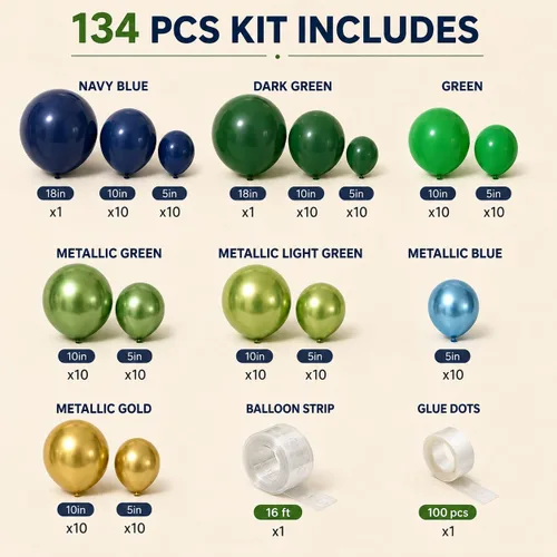 Miniatura 3 de Kit de guirnalda de globos azules y verdes de 134 piezas, kit de arco de globos azul marino, verde oscuro y dorado con globos cromados metálicos