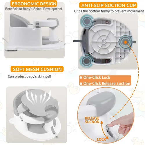 Miniatura 7 de Asiento de baño para bebés de 6 meses en adelante, asientos de baño para bebés sentados, silla de baño antideslizante con ventosas y cojín suave Gris